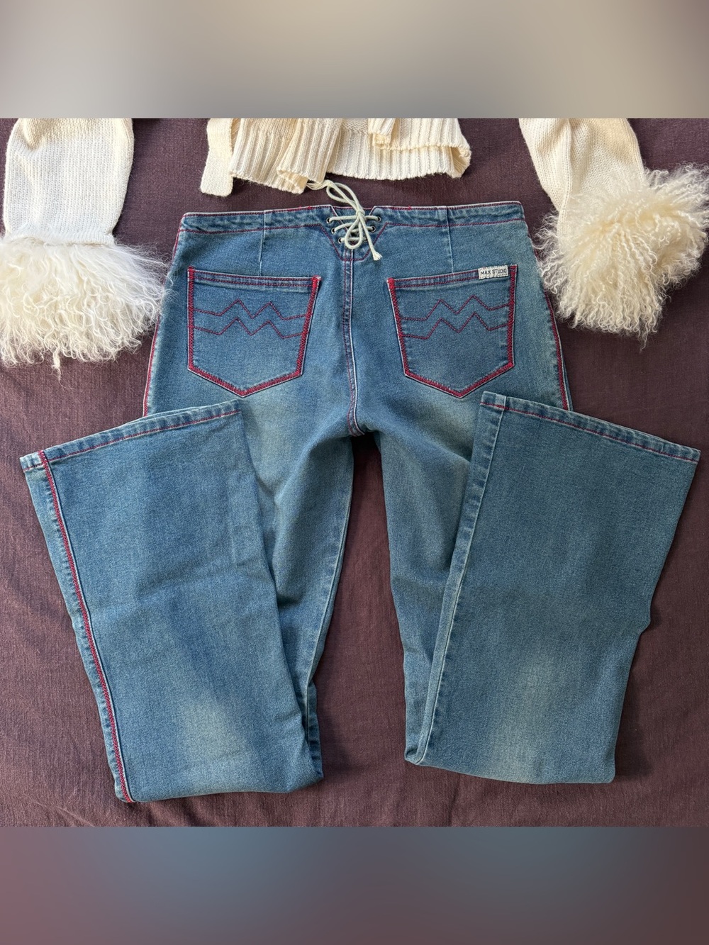 Vintage Y2K Max Studio Lace Up Flare Jeans Size 8 Red Contrast Stitch
